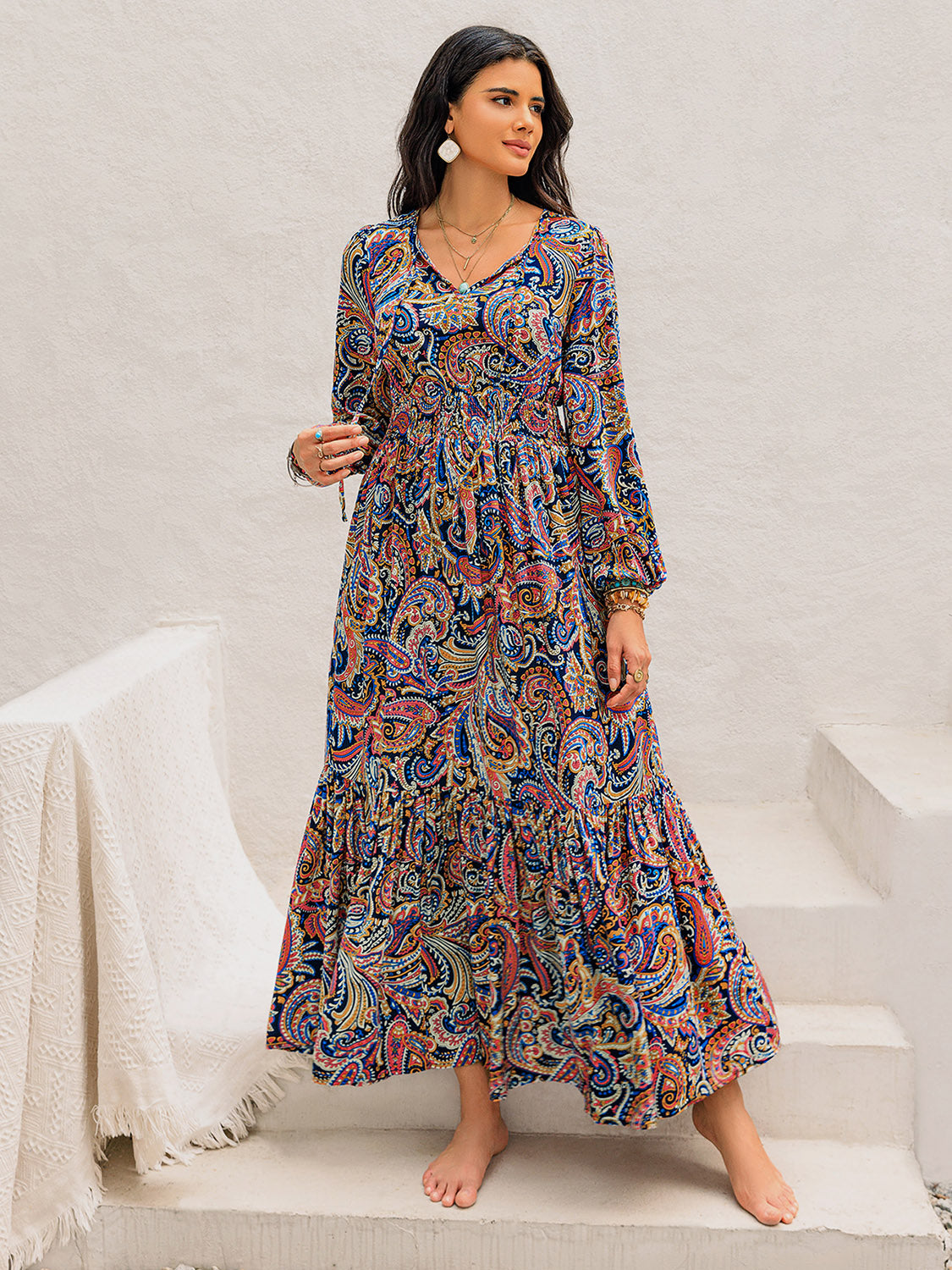 Printed Tie Neck Long Sleeve Midi Dress-TOPS / DRESSES-[Adult]-[Female]-2022 Online Blue Zone Planet