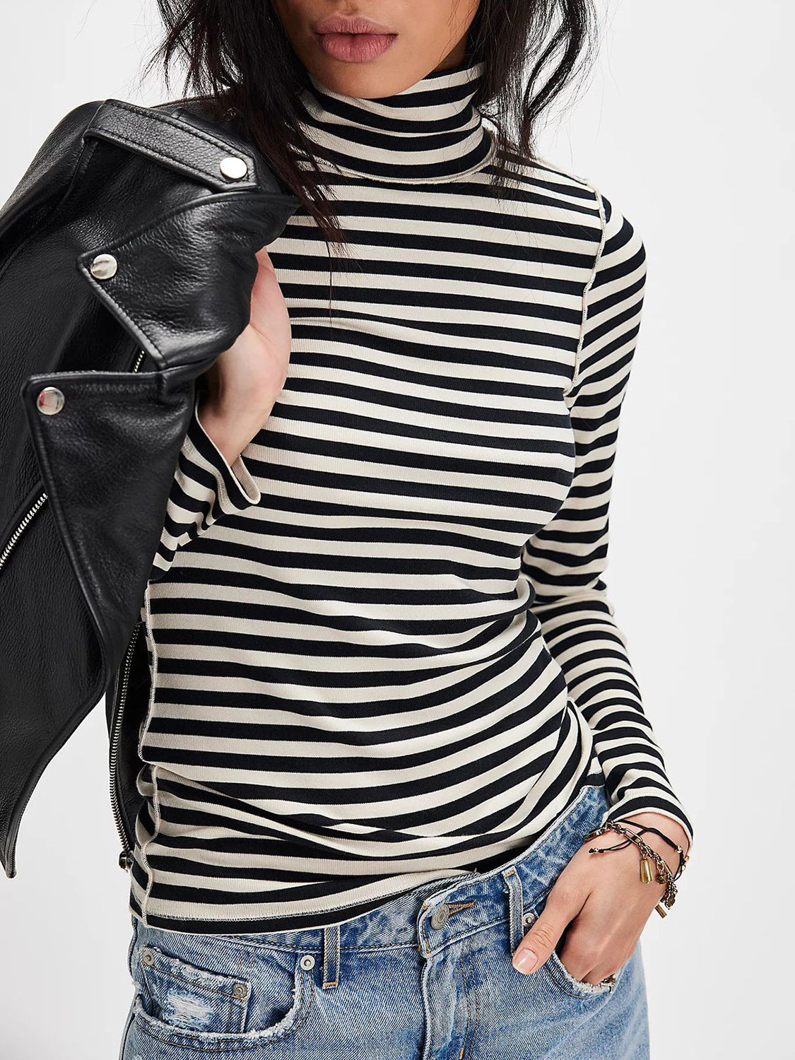 Exposed Seam Striped Turtleneck Long Sleeve T-Shirt-TOPS / DRESSES-[Adult]-[Female]-Black/white-S-2022 Online Blue Zone Planet