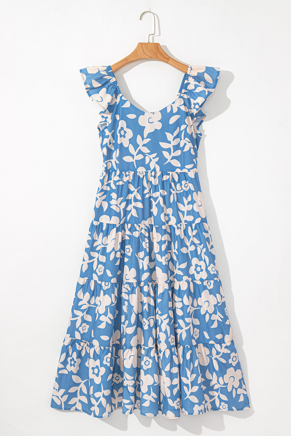 Sky Blue Floral U Neck Sleeveless Tiered Flowy Midi Dress