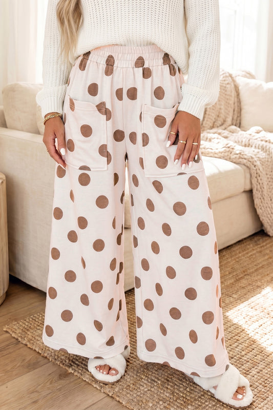 Khaki Polka Dot Wide Leg Elastic Waist Casual Pants-Bottoms/Pants & Culotte-[Adult]-[Female]-Khaki-S-2022 Online Blue Zone Planet