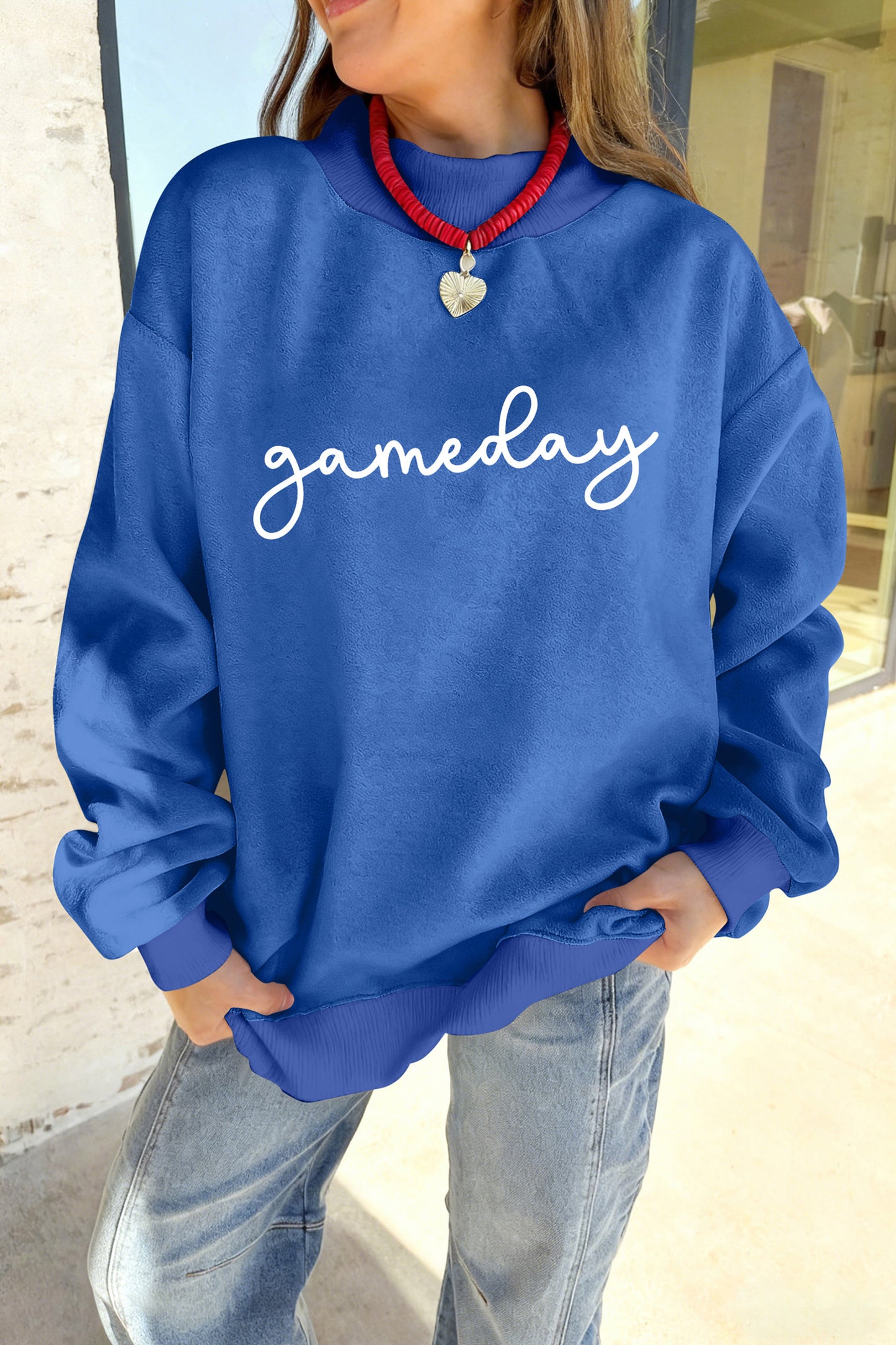 Dark Blue Reversible Gameday Football Graphic Oversized Sweatshirt