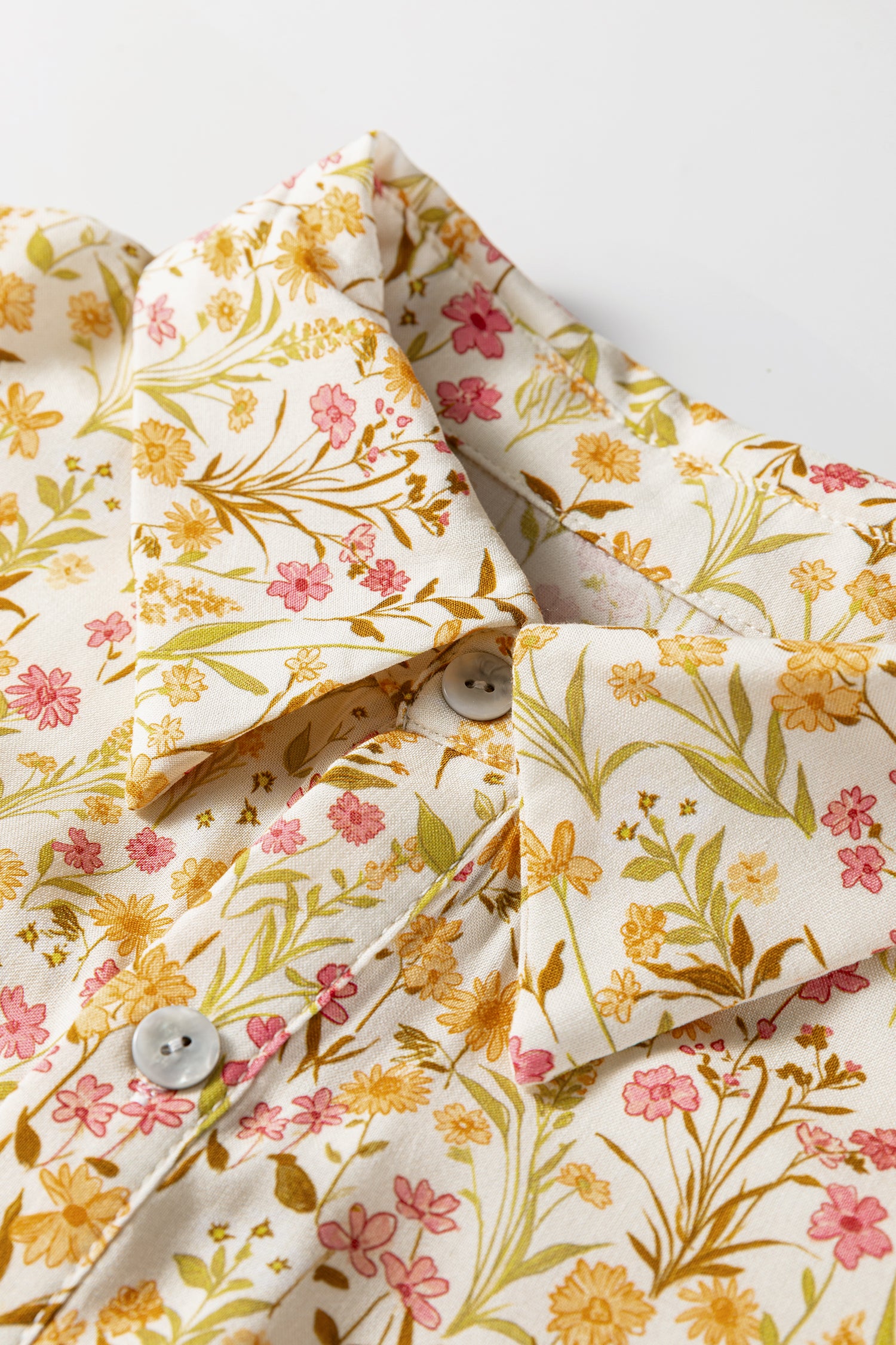 Yellow Floral Print Frilly Trim Smocked Cuff Long Sleeve Loose Shirt Dress-TOPS / DRESSES-[Adult]-[Female]-2022 Online Blue Zone Planet