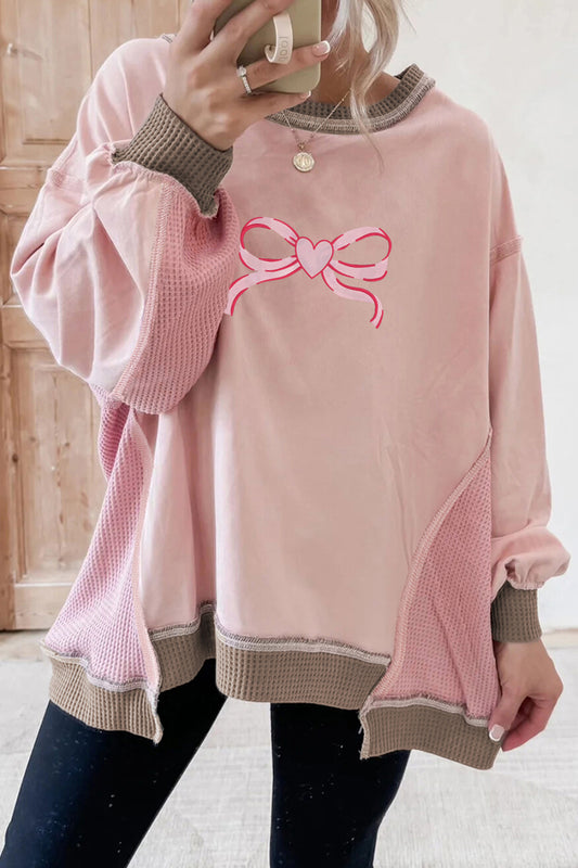 Light Pink Heart Bow Embroidered Exposed Seam Color Block Waffled Patchwork Sweatshirt-Graphic/Graphic Sweatshirts-[Adult]-[Female]-Light Pink-S-2022 Online Blue Zone Planet