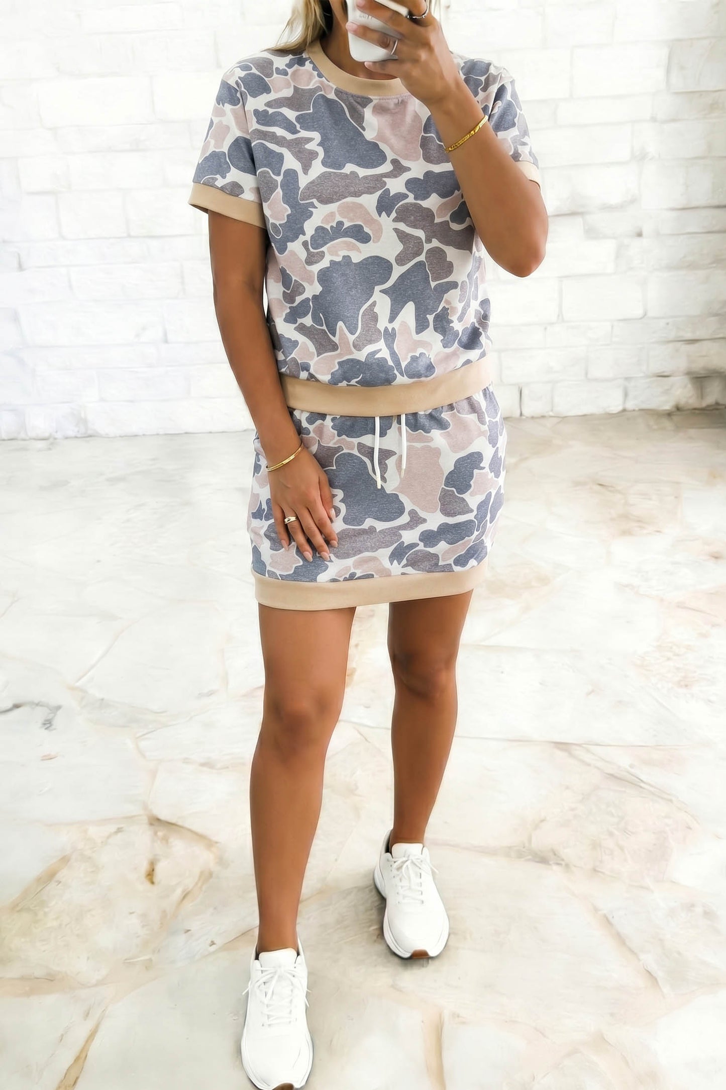 Multicolour Retro Camouflage Color Block Trim Skort 2pcs Outfit-Two Piece Sets/Two Piece Dresses-[Adult]-[Female]-2022 Online Blue Zone Planet