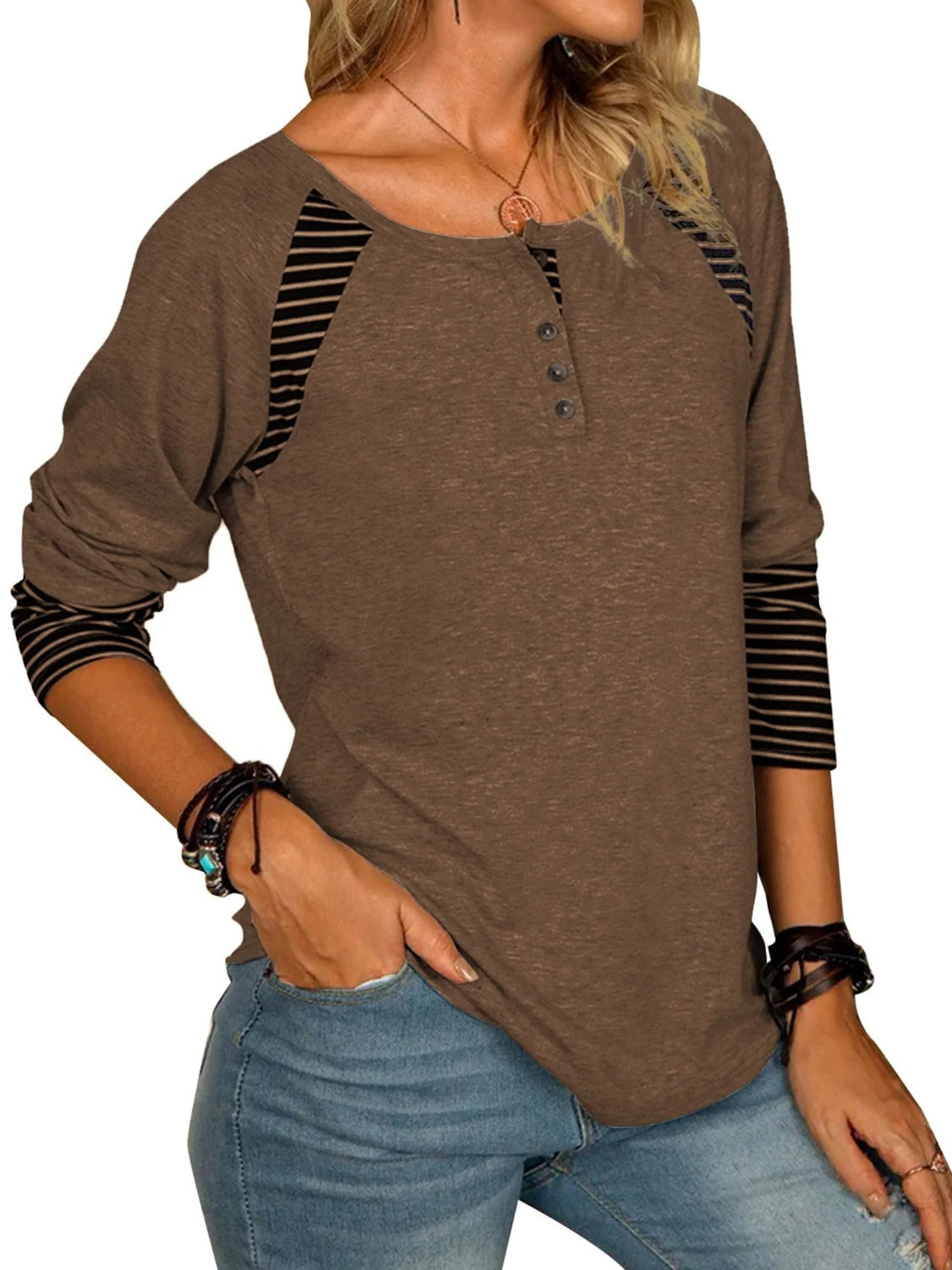 Full Size Striped Quarter Button Long Sleeve T-Shirt-TOPS / DRESSES-[Adult]-[Female]-2022 Online Blue Zone Planet