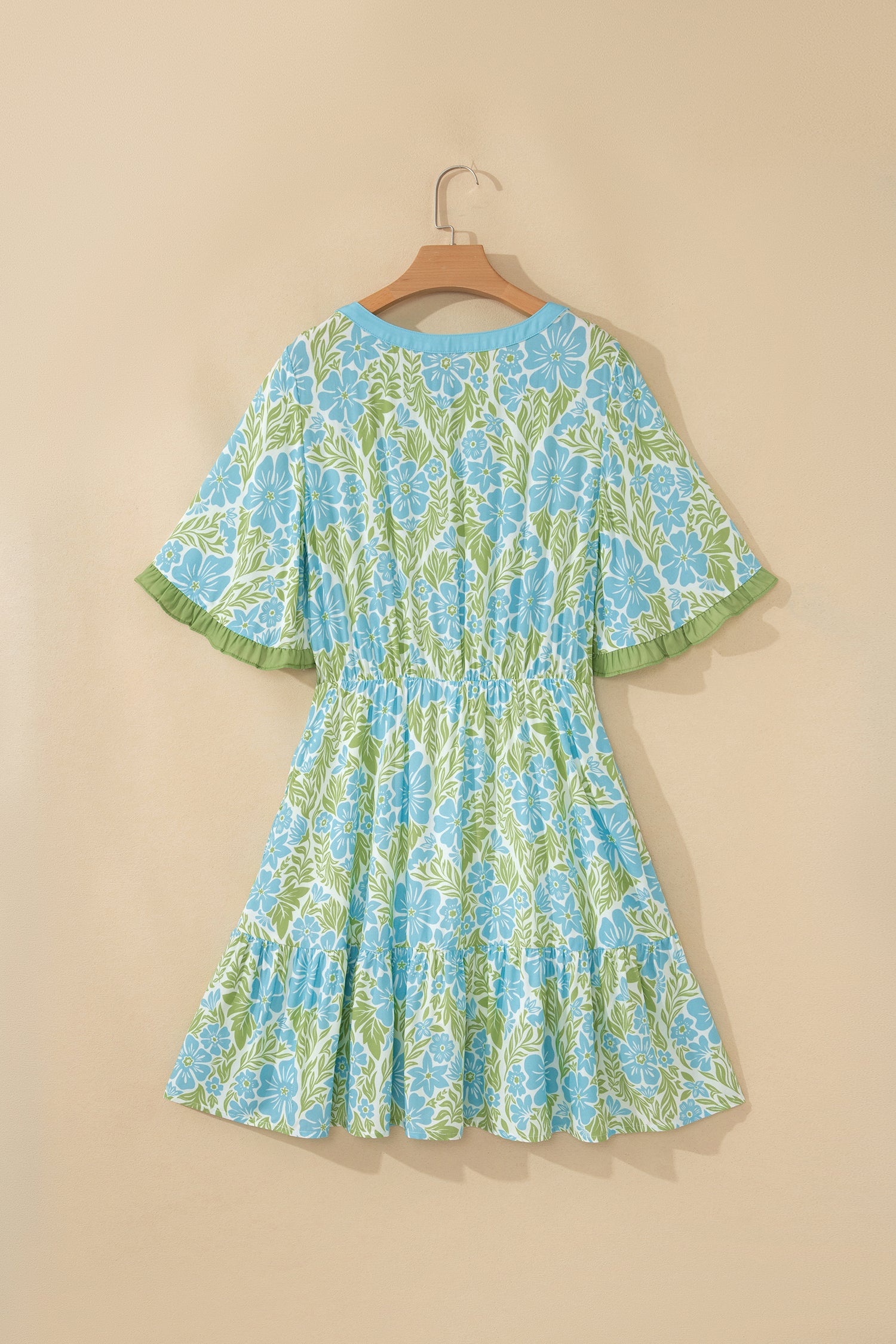 Sky Blue Floral Print High Waist Ruffle Short Sleeve Mini Dress-TOPS / DRESSES-[Adult]-[Female]-2022 Online Blue Zone Planet
