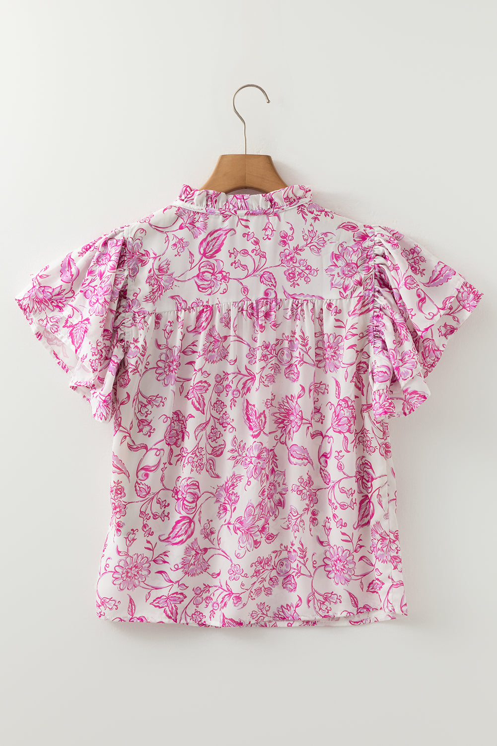 Pink Baroque Floral Ruffle Sleeve V Neck Blouse Top-Tops/Blouses & Shirts-[Adult]-[Female]-2022 Online Blue Zone Planet