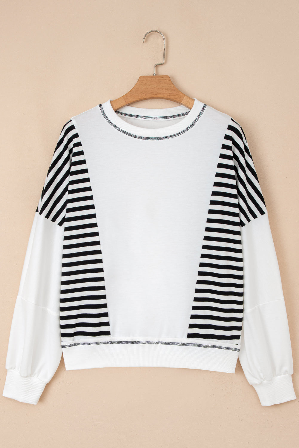 White Stripe Colorblock Patchwork Contrast Stitching Oversize Sweatshirt-Tops/Sweatshirts & Hoodies-[Adult]-[Female]-2022 Online Blue Zone Planet