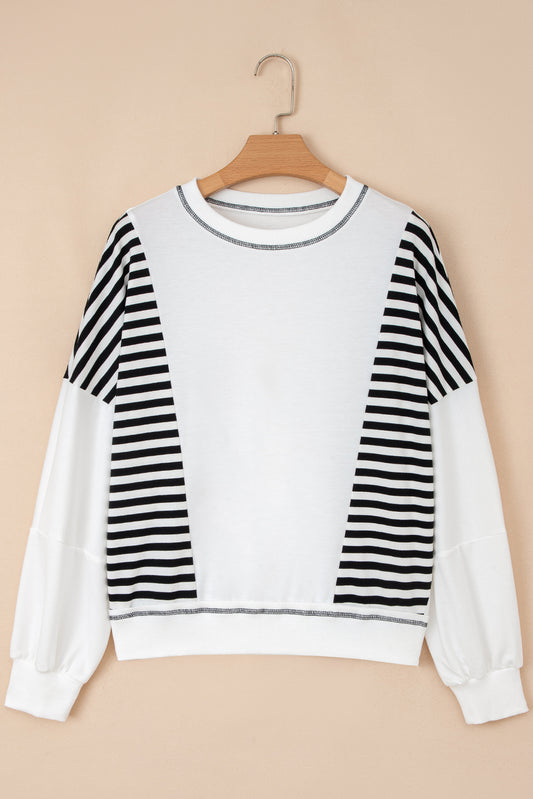 White Stripe Colorblock Patchwork Contrast Stitching Oversize Sweatshirt-Tops/Sweatshirts & Hoodies-[Adult]-[Female]-2022 Online Blue Zone Planet