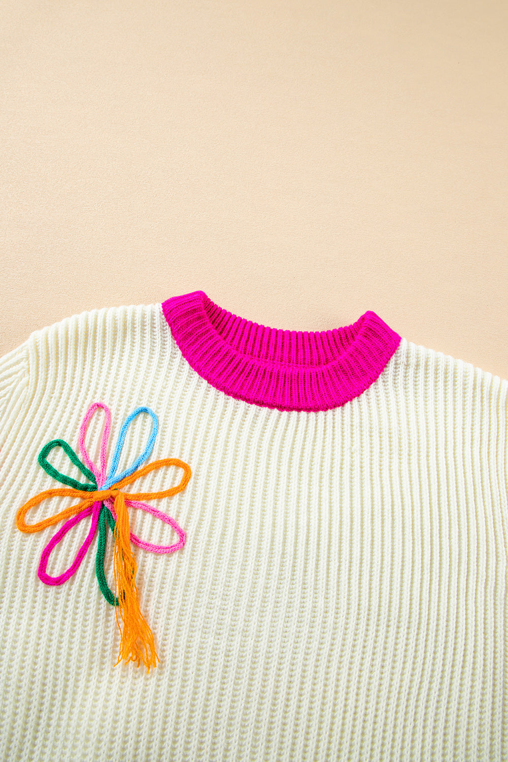 Blue Zone Planet | Beige Colorblock Flower Print Cable Knit Loose Sweater-Sweaters & Cardigans/Sweaters-[Adult]-[Female]-2022 Online Blue Zone Planet