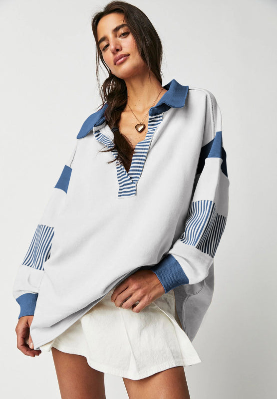 Color Block Johnny Collar Long Sleeve Sweatshirt-TOPS / DRESSES-[Adult]-[Female]-2022 Online Blue Zone Planet