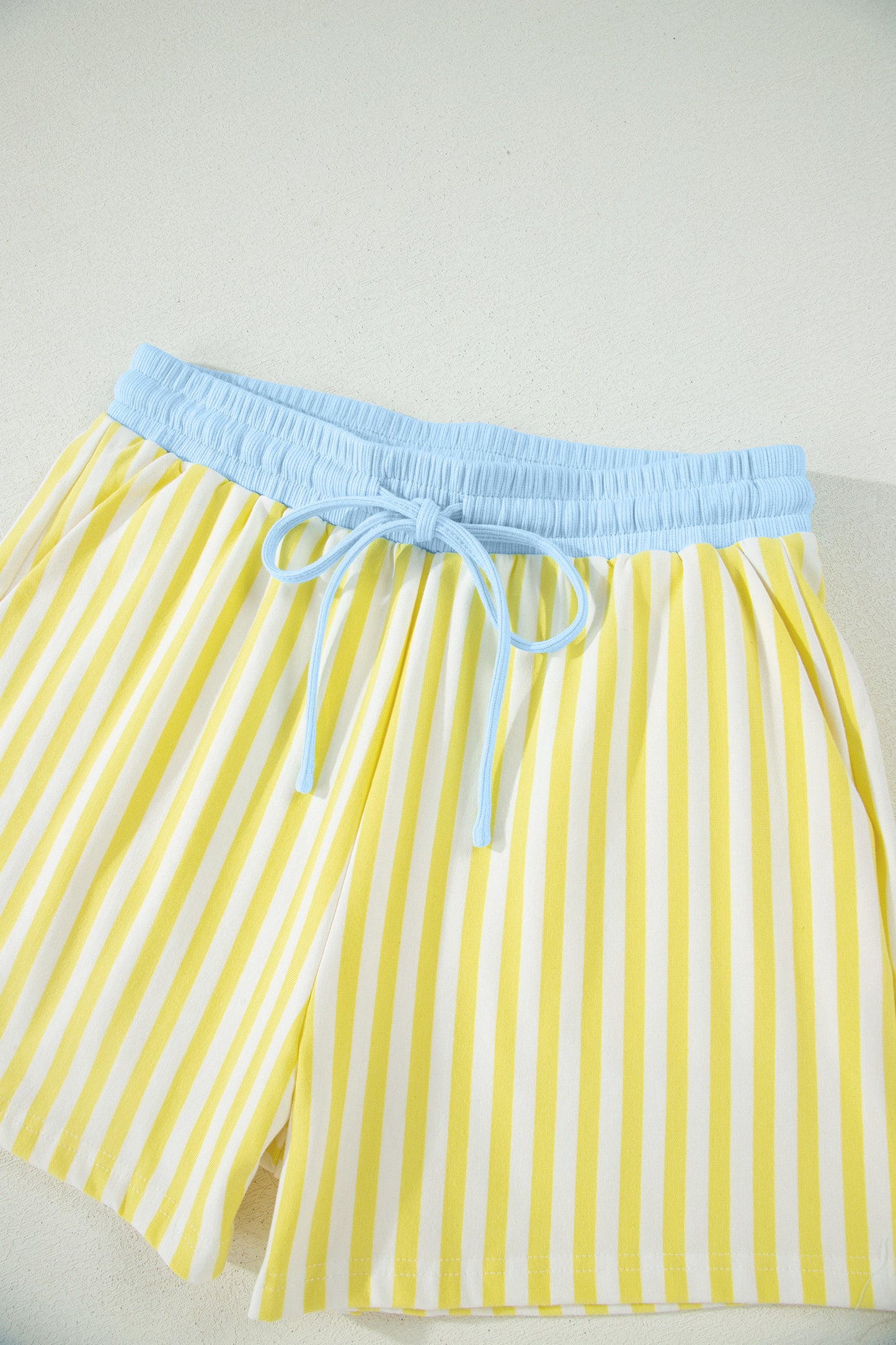 Yellow Stripe Colorblock Trim V Neck Tee Drawstring Elastic Waist Short Set-Two Piece Sets/Short Sets-[Adult]-[Female]-2022 Online Blue Zone Planet