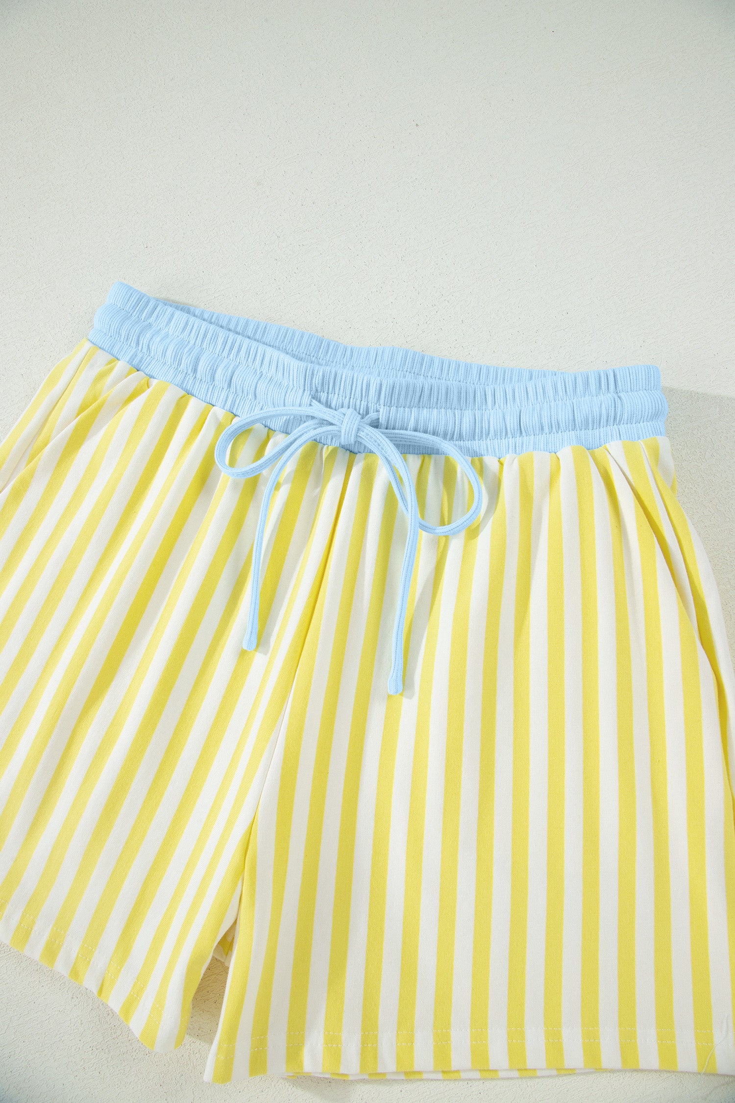 Yellow Stripe Colorblock Trim V Neck Tee Drawstring Elastic Waist Short Set-Two Piece Sets/Short Sets-[Adult]-[Female]-2022 Online Blue Zone Planet