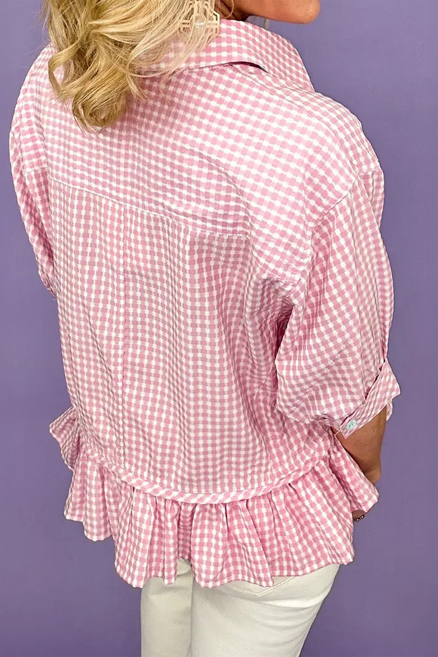 Pink Plaid Half Sleeve Ruffle Hem Button Down Shirt-Tops/Blouses & Shirts-[Adult]-[Female]-2022 Online Blue Zone Planet