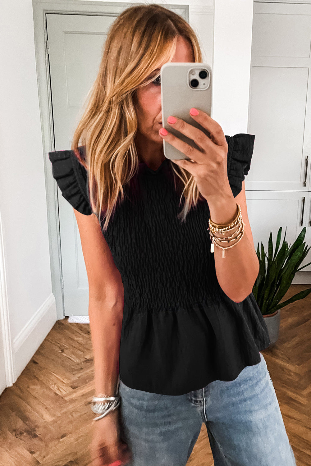 Black Ruffle Short Sleeve Shirred Peplum Top-Tops/Blouses & Shirts-[Adult]-[Female]-2022 Online Blue Zone Planet