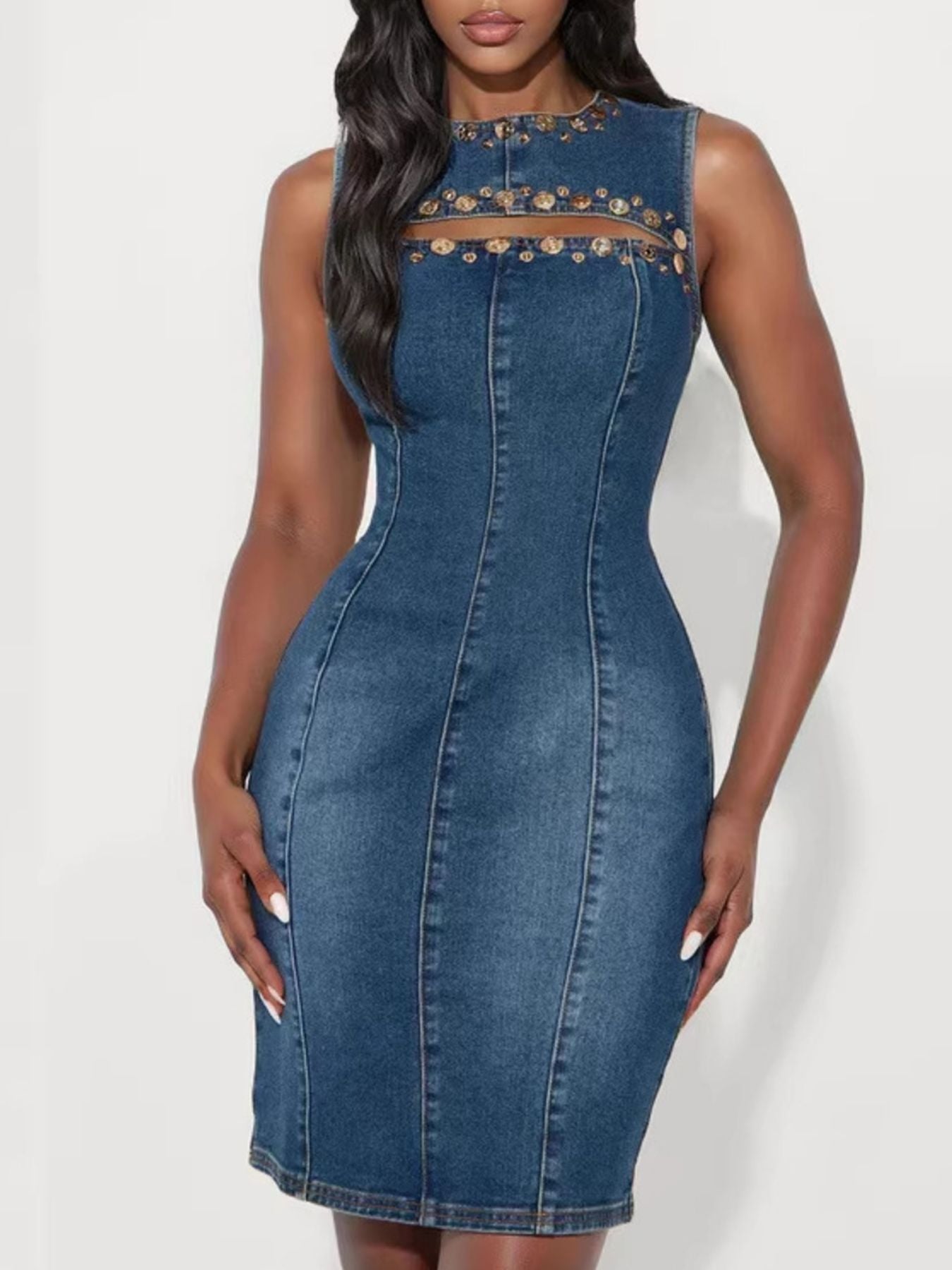Embellished Cutout Sleeveless Denim Dress – Blue Zone Planet