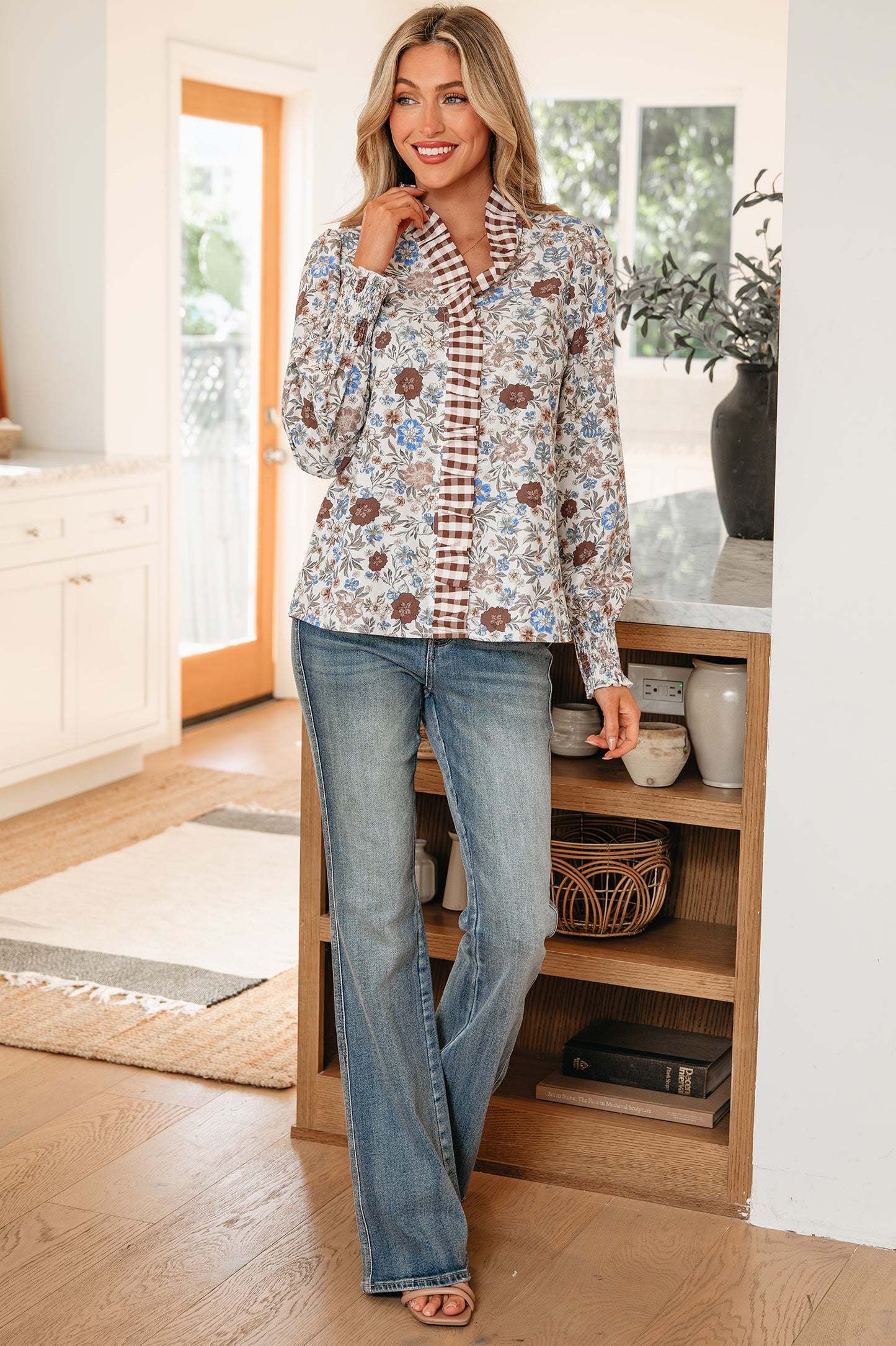 Brown Plaid Frilled Trim V Neck Floral Long Sleeve Blouse-Tops/Blouses & Shirts-[Adult]-[Female]-2022 Online Blue Zone Planet