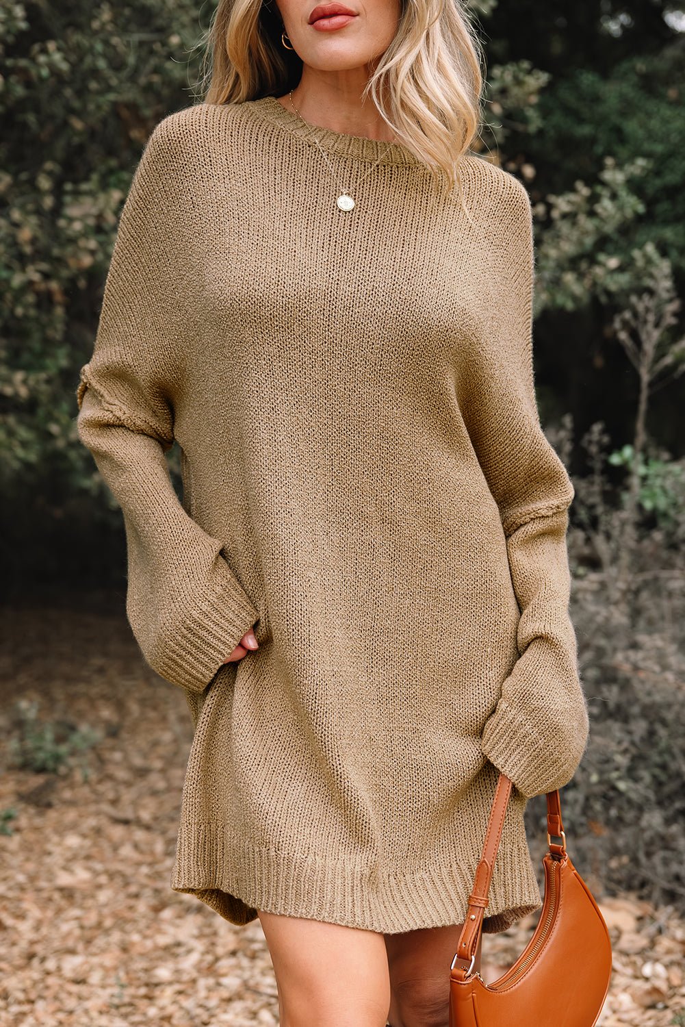 Pale Khaki Oversize Drop Shoulder Slouchy Sweater Dress-TOPS / DRESSES-[Adult]-[Female]-2022 Online Blue Zone Planet