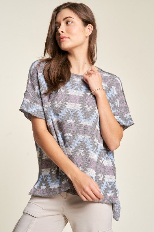 Davi & Dani High-Low Geometric Round Neck Knit Top-TOPS / DRESSES-[Adult]-[Female]-2022 Online Blue Zone Planet