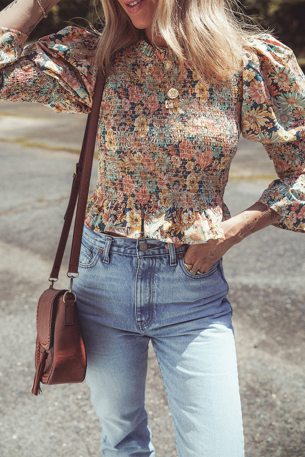 Blue Zone Planet | Yellow Floral Print Smocked Bubble Sleeve Ruffled Crop Top-Tops/Blouses & Shirts-[Adult]-[Female]-2022 Online Blue Zone Planet