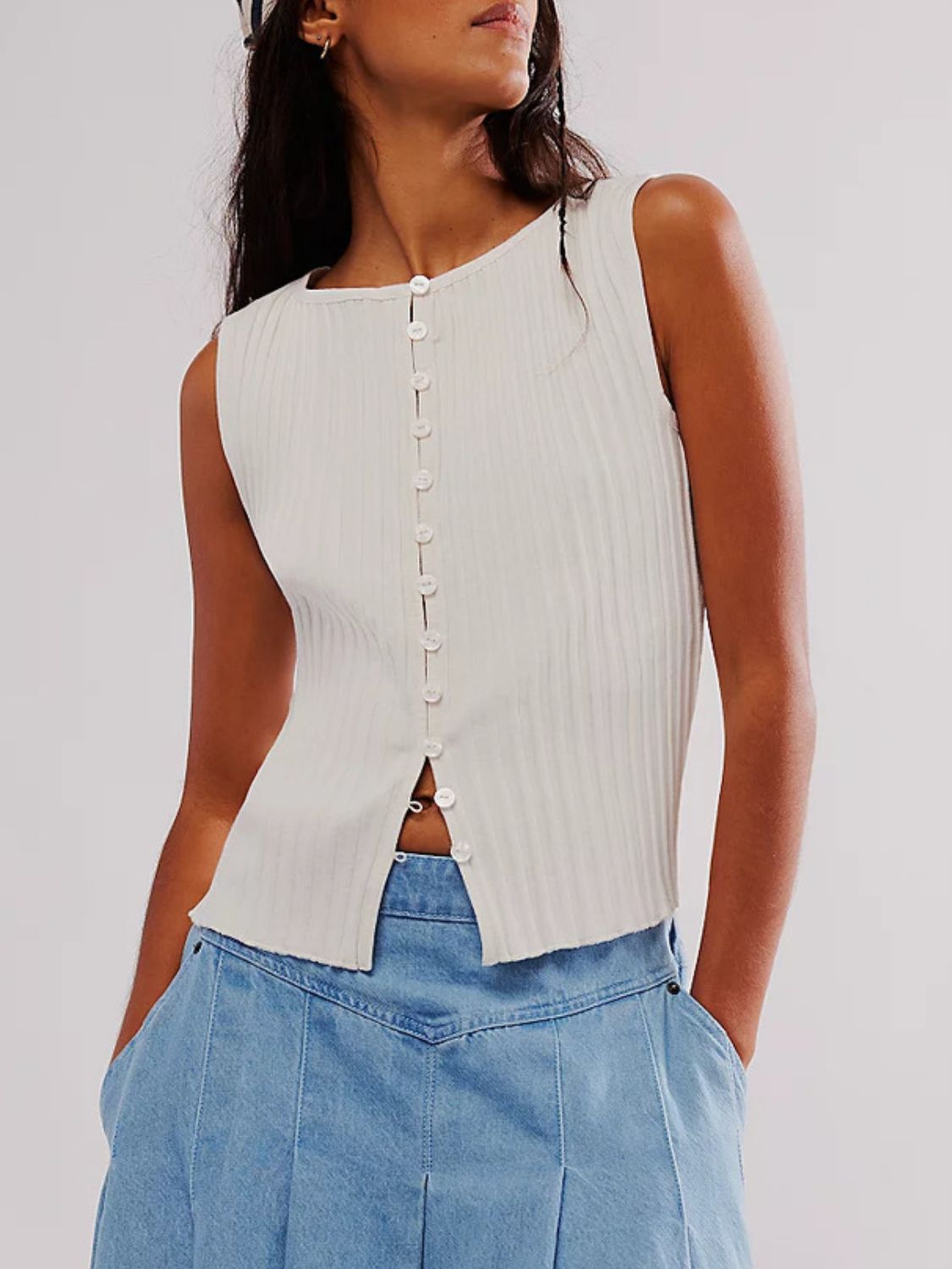 Button Down Round Neck Sweater Vest-TOPS / DRESSES-[Adult]-[Female]-2022 Online Blue Zone Planet