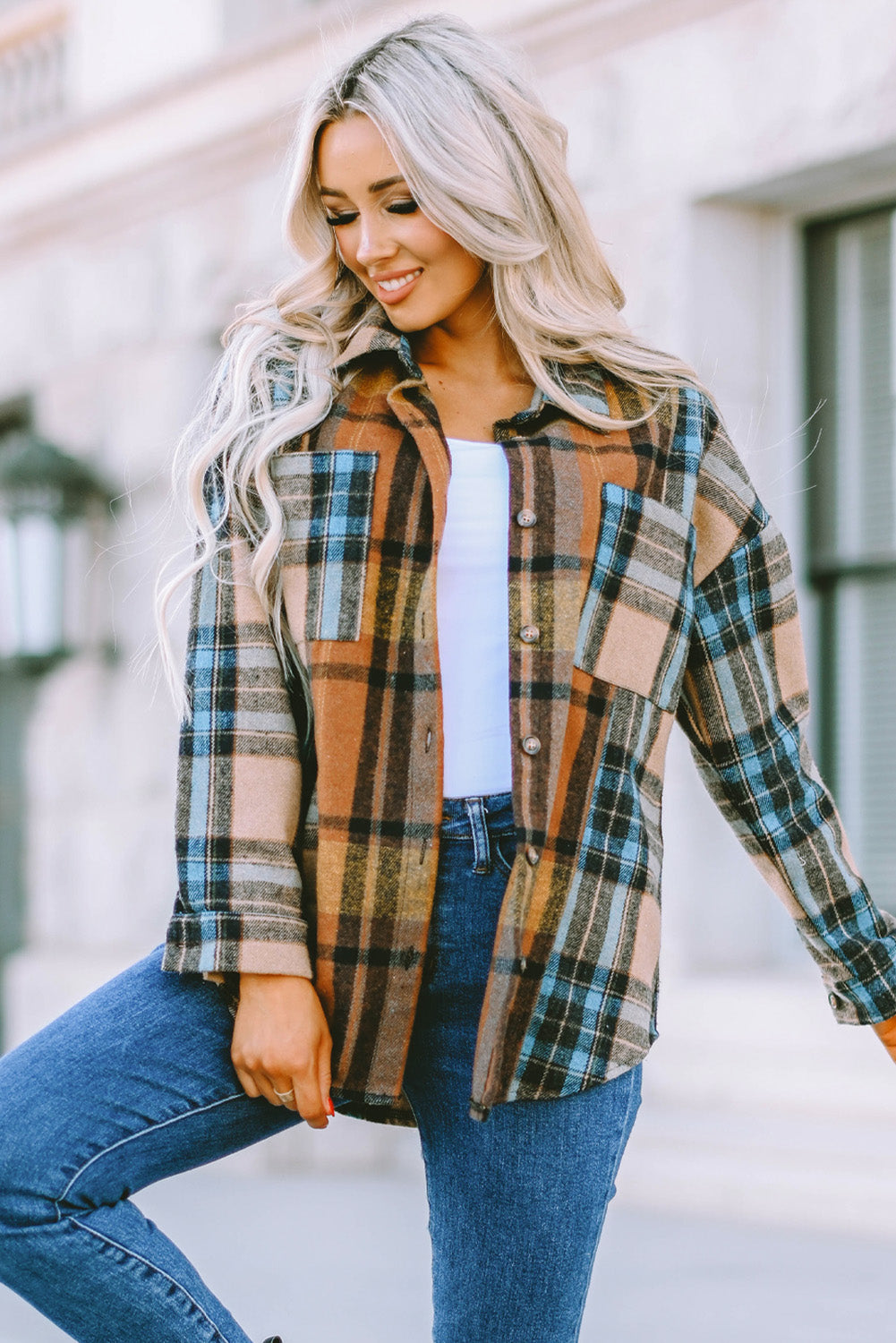 Brown Plaid Color Block Buttoned Shirt with Pockets-Tops/Blouses & Shirts-[Adult]-[Female]-2022 Online Blue Zone Planet