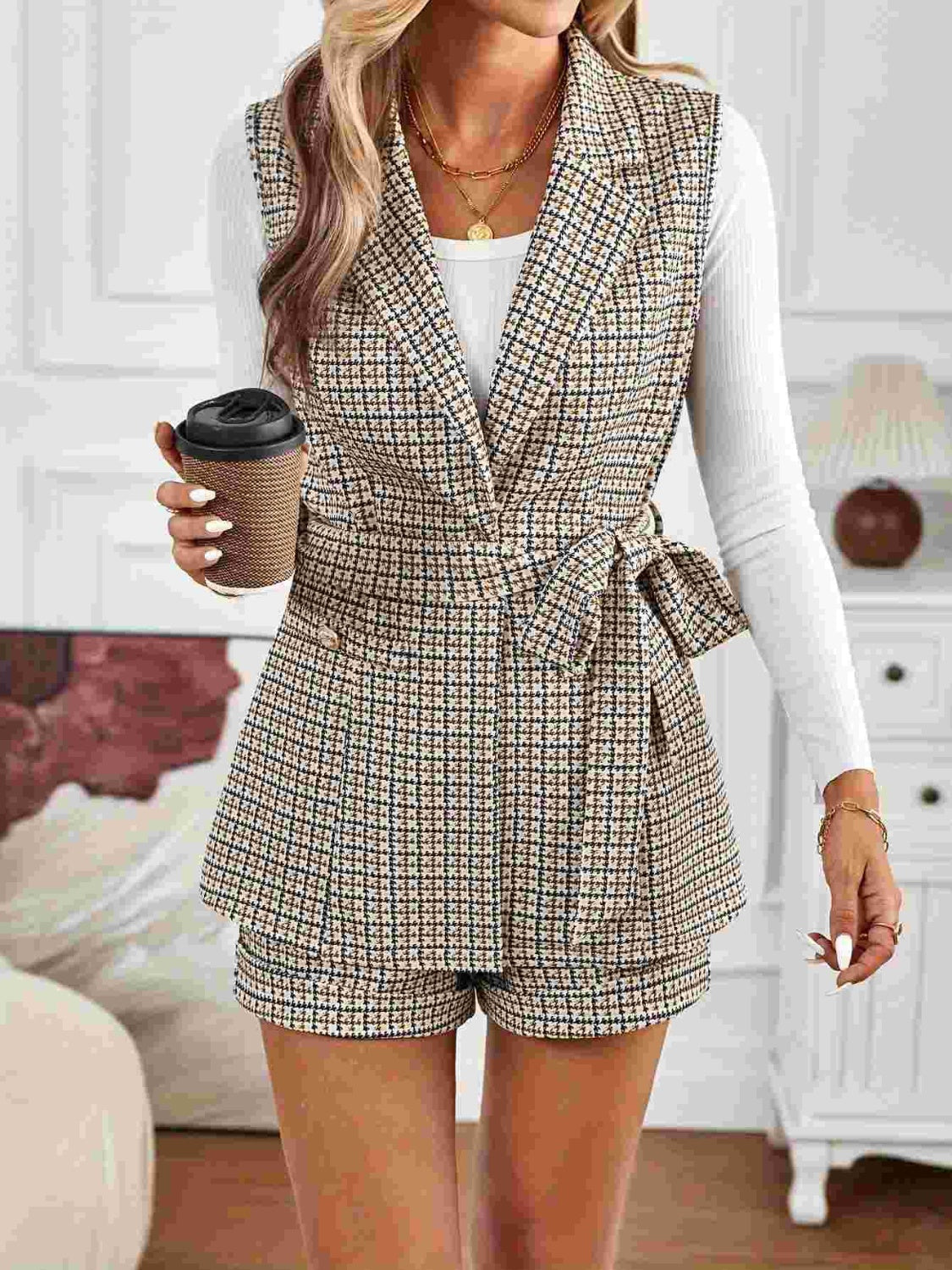 Tied Plaid Collared Neck Vest and Shorts Set-TOPS / DRESSES-[Adult]-[Female]-2022 Online Blue Zone Planet