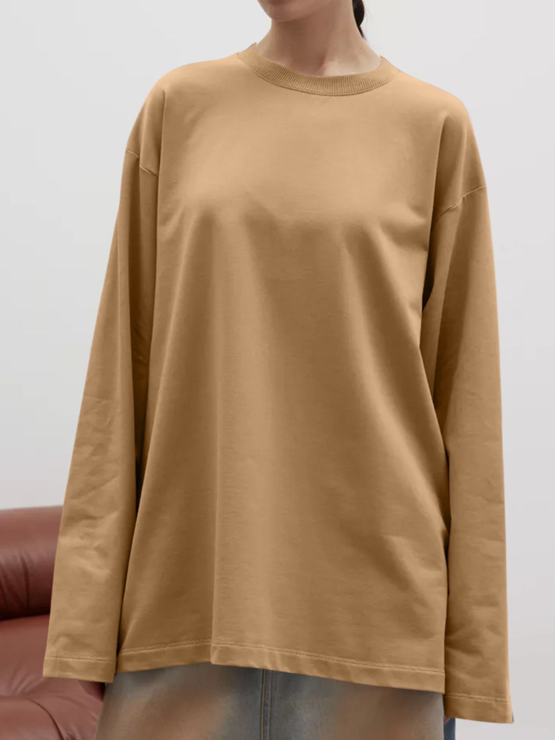 Round Neck Dropped Shoulder Long Sleeve T-Shirt-TOPS / DRESSES-[Adult]-[Female]-Camel-S-2022 Online Blue Zone Planet