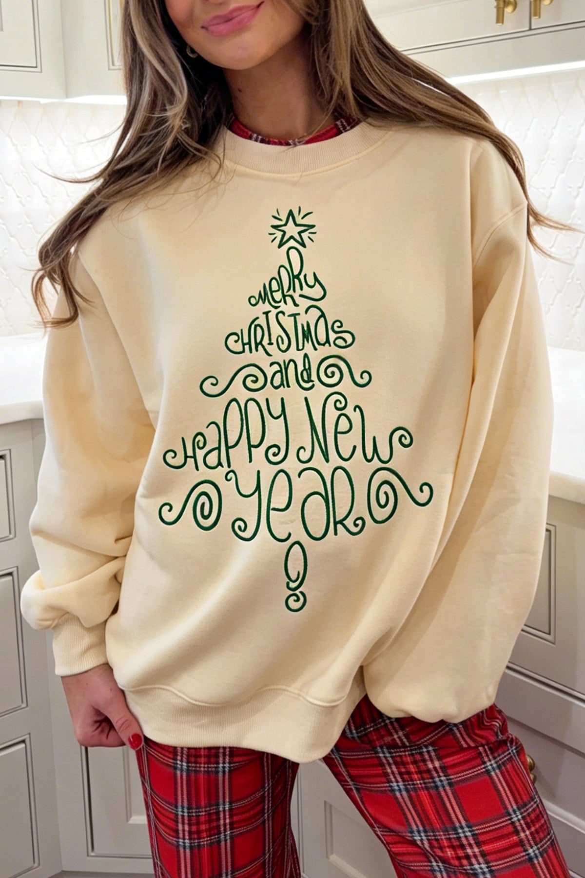 Apricot Merry Christmas and Happy New Year Embroidered Holiday Slogan Sweatshirt-Tops/Sweatshirts & Hoodies-[Adult]-[Female]-Apricot-S-2022 Online Blue Zone Planet
