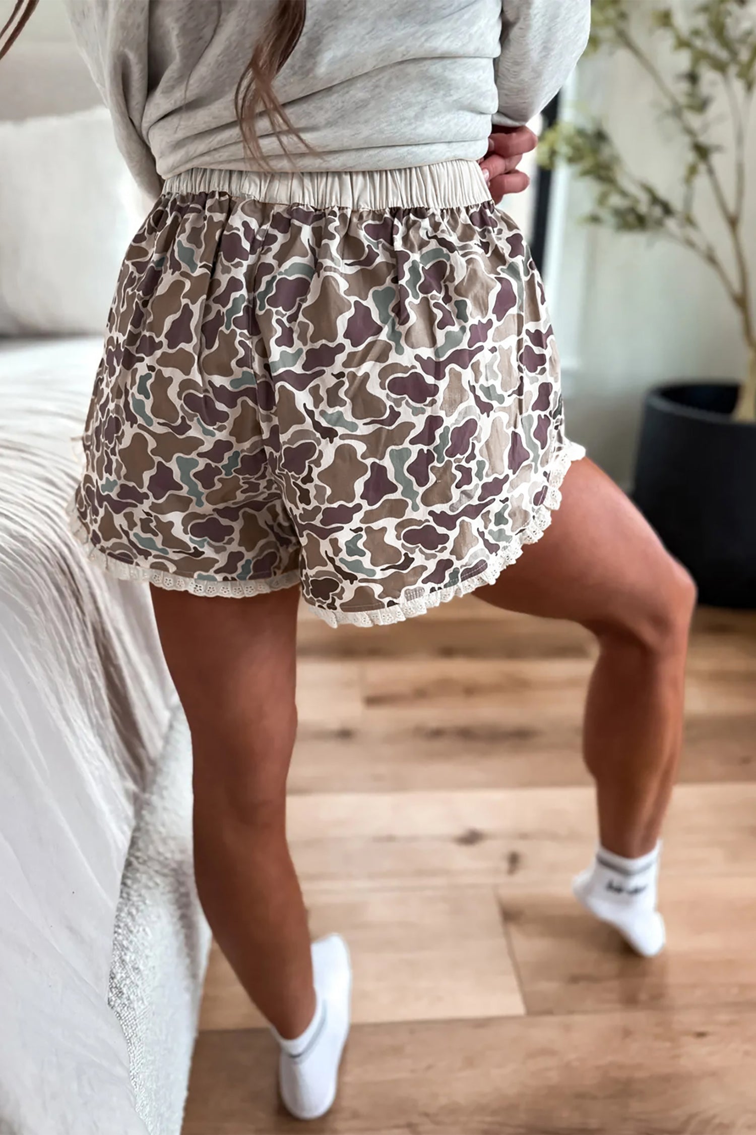 Khaki Camouflage Print Ruffle Boxer Shorts-Bottoms/Casual Shorts-[Adult]-[Female]-2022 Online Blue Zone Planet