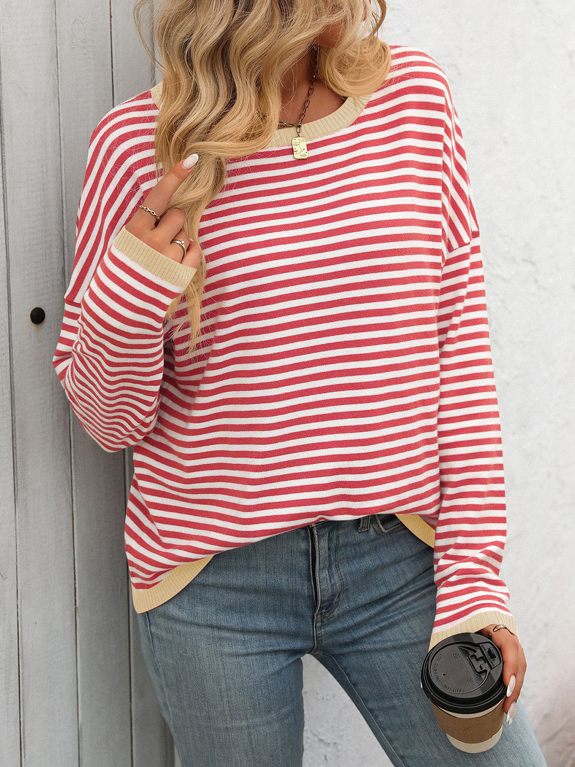 Blue Zone Planet | Mandy Striped Round Neck Long Sleeve Sweater-TOPS / DRESSES-[Adult]-[Female]-Coral-S-2022 Online Blue Zone Planet