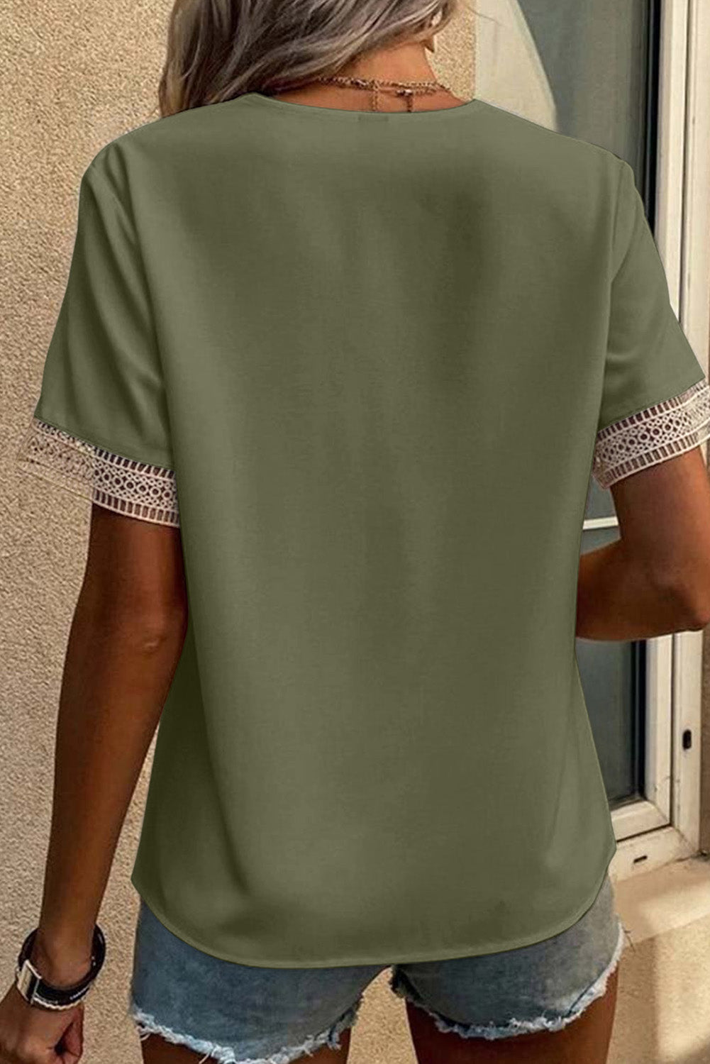 Green Lace Trim V Neck Short Sleeve Blouse-Tops/Blouses & Shirts-[Adult]-[Female]-2022 Online Blue Zone Planet