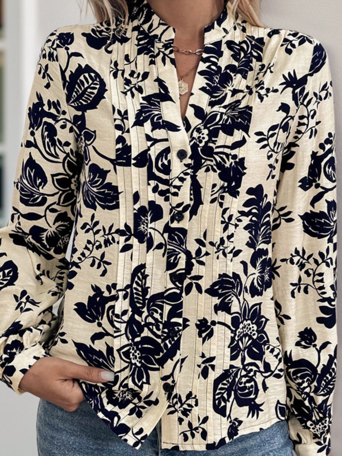 Perfee Printed Notched Long Sleeve Shirt-TOPS / DRESSES-[Adult]-[Female]-2022 Online Blue Zone Planet