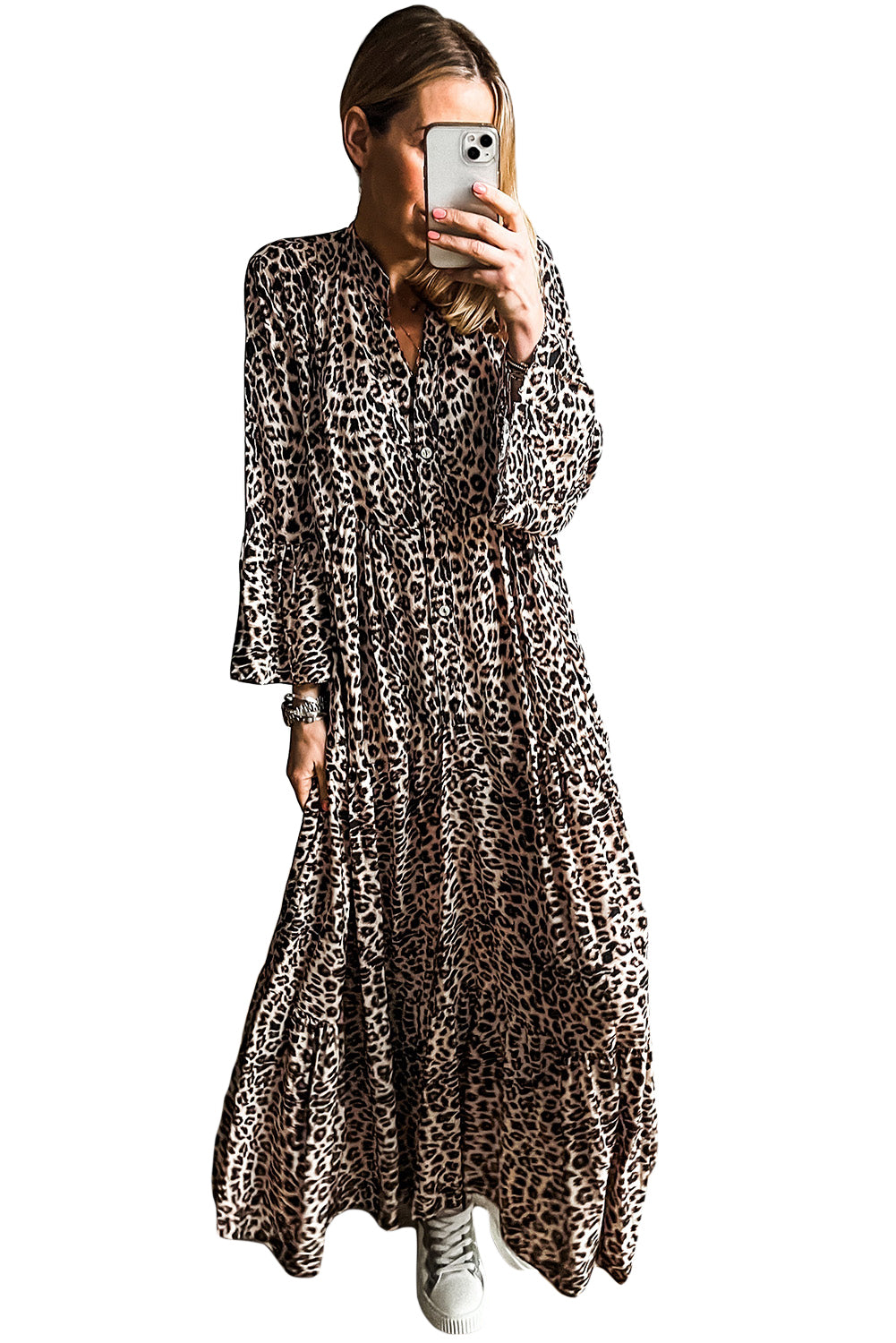 Blue Zone Planet | Apricot Leopard Print Tiered Wide Sleeve Maxi Dress-TOPS / DRESSES-[Adult]-[Female]-2022 Online Blue Zone Planet