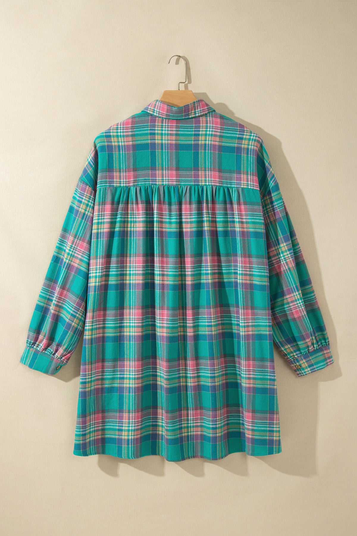 Green Plaid Button-Up Shift Long Sleeve V Neck Plus Size Dress-TOPS / DRESSES-[Adult]-[Female]-2022 Online Blue Zone Planet