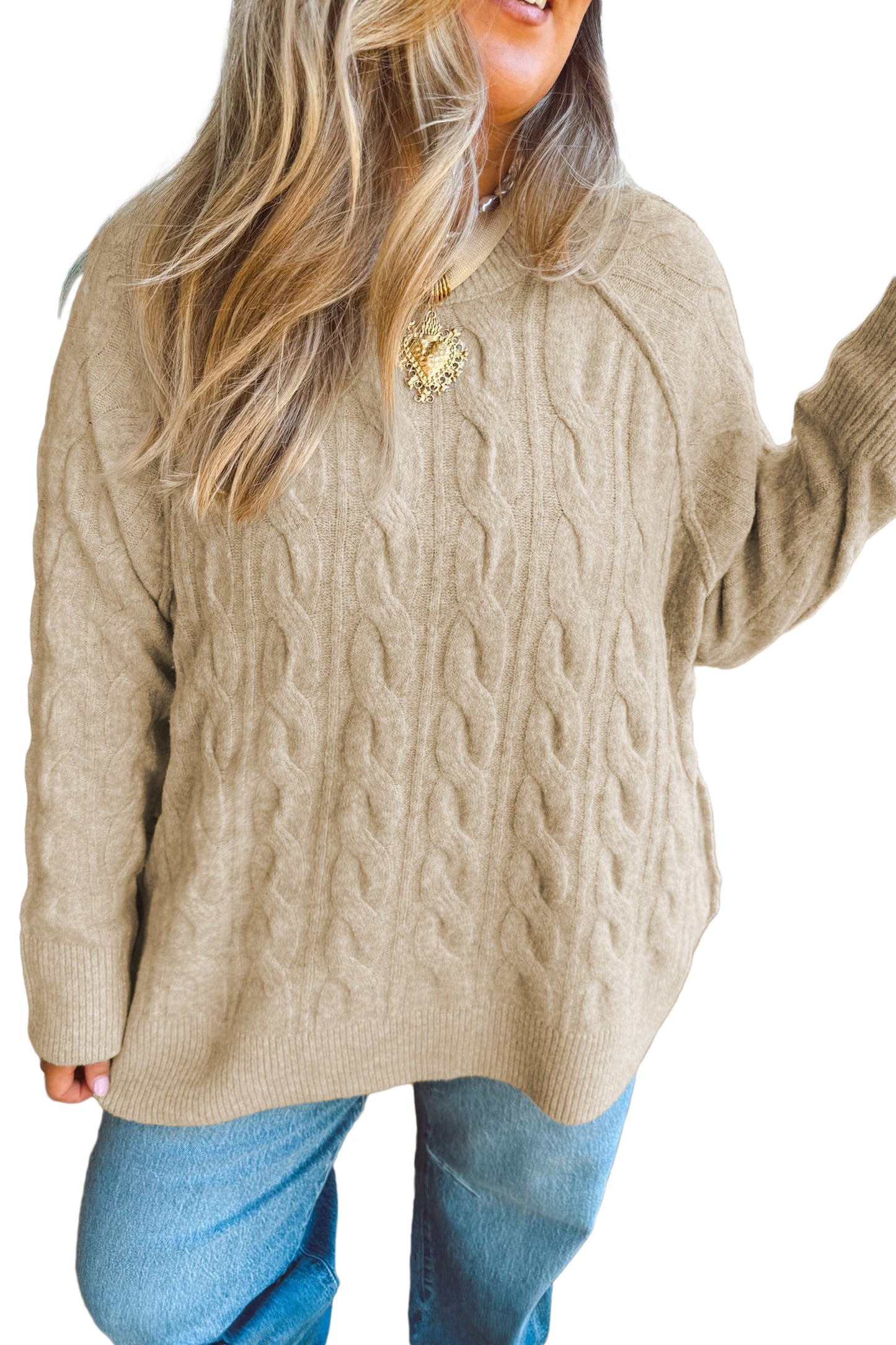 Parchment Oversized Cable Knit Long Sleeve Round Neck Tunic Length Plus Size Sweater-TOPS / DRESSES-[Adult]-[Female]-2022 Online Blue Zone Planet