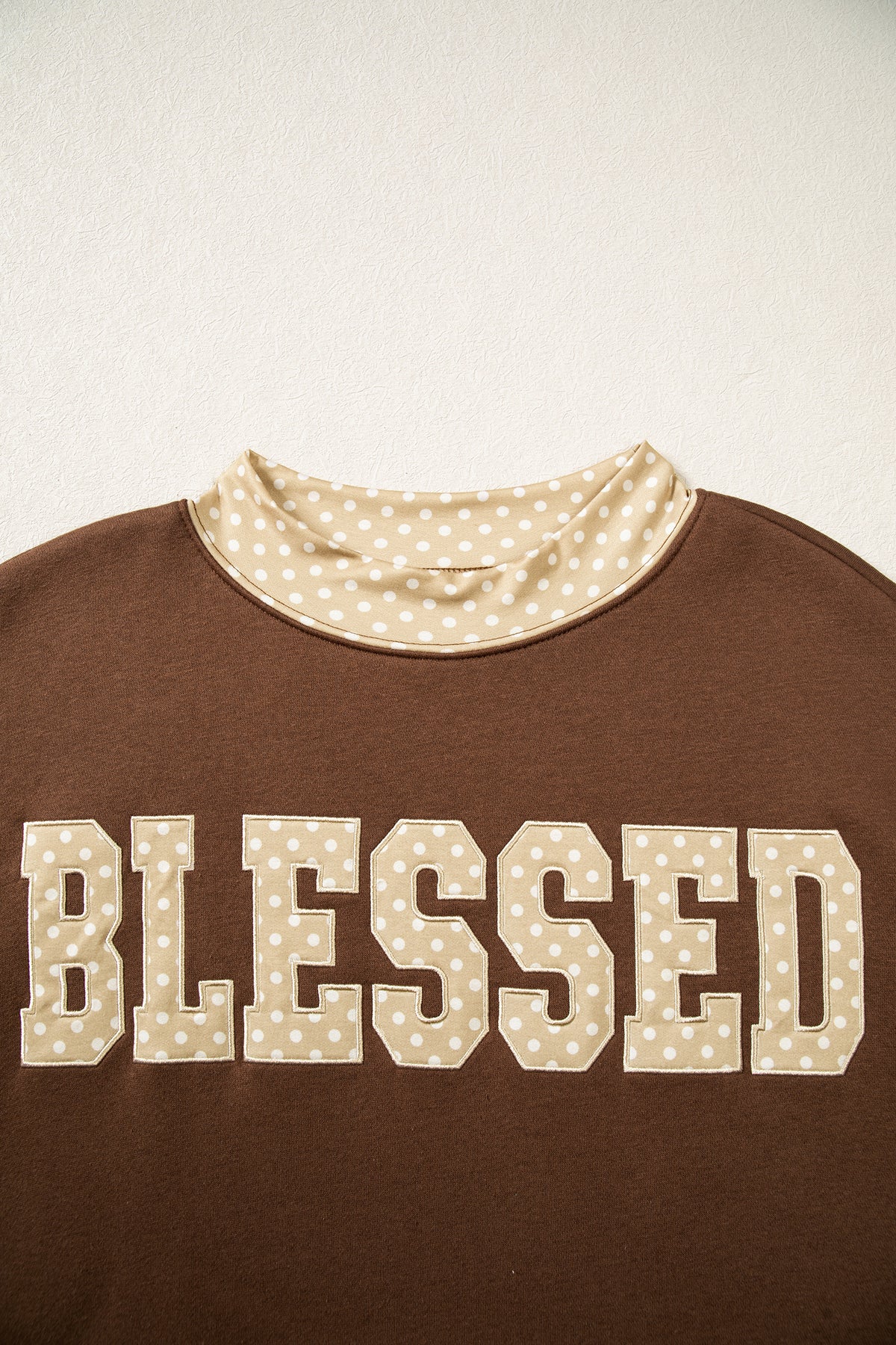Coffee Polka Dot Trim High Neck BLESSED Letter Graphic Baggy Sweatshirt-Tops/Sweatshirts & Hoodies-[Adult]-[Female]-2022 Online Blue Zone Planet