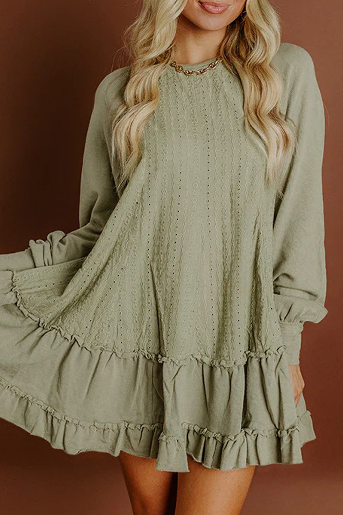 Laurel Green Jacquard Frilled Ruffled Long Sleeve Mini Dress