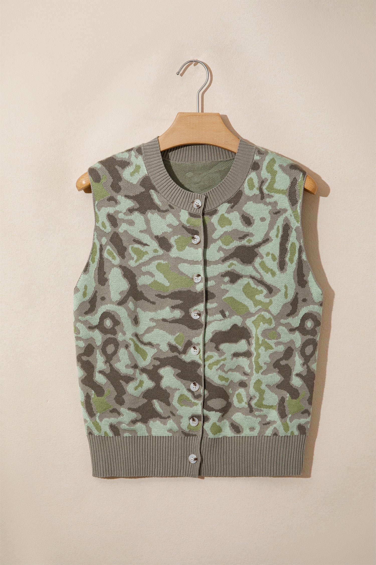 Green Camo Print Button Front Loose Sweater Vest-TOPS / DRESSES-[Adult]-[Female]-2022 Online Blue Zone Planet
