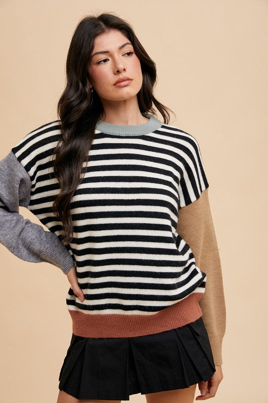 Annie Wear Striped Color Block Round Neck Sweater-TOPS / DRESSES-[Adult]-[Female]-2022 Online Blue Zone Planet