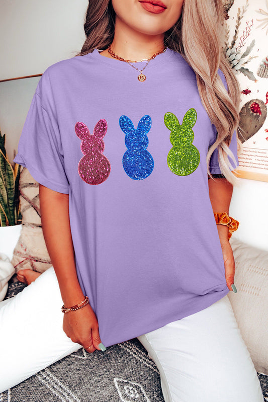 Wisteria Easter Shiny Bunny Graphic Crewneck T Shirt-Graphic/Graphic Tees-[Adult]-[Female]-Wisteria-S-2022 Online Blue Zone Planet