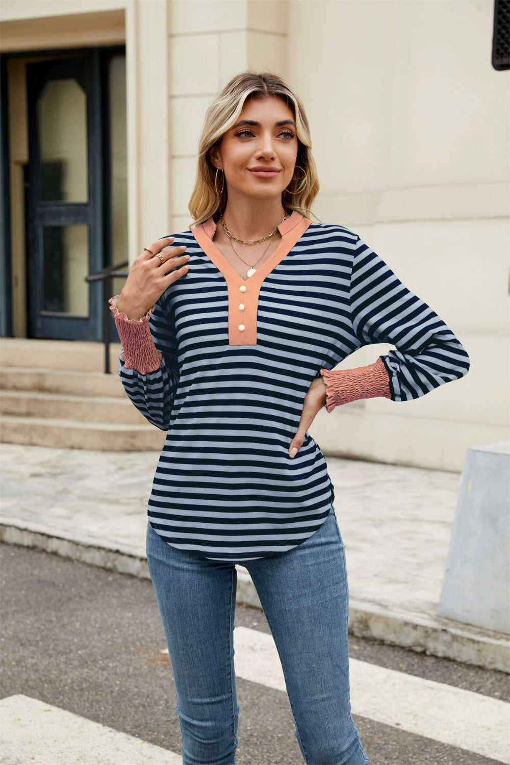 Contrast Striped Notched Long Sleeve Top-TOPS / DRESSES-[Adult]-[Female]-2022 Online Blue Zone Planet