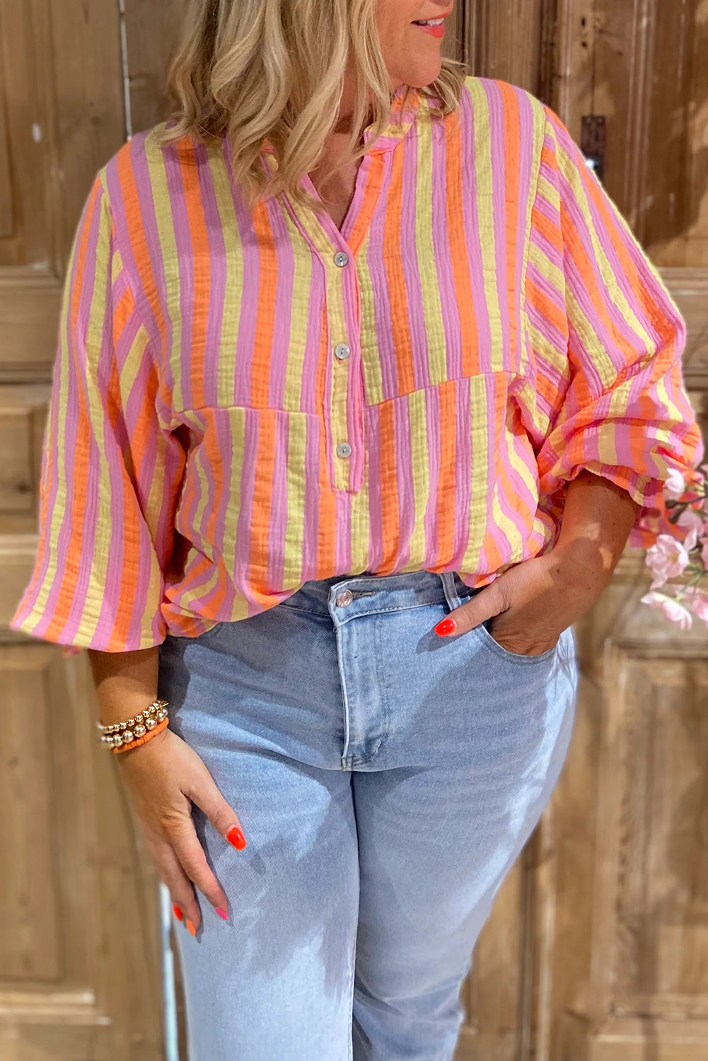 Pink Stripe Crinkled Half Buttons V Neck Plus Size Blouse-Plus Size/Plus Size Tops/Plus Size Blouses & Shirts-[Adult]-[Female]-Pink Stripe-1X-2022 Online Blue Zone Planet