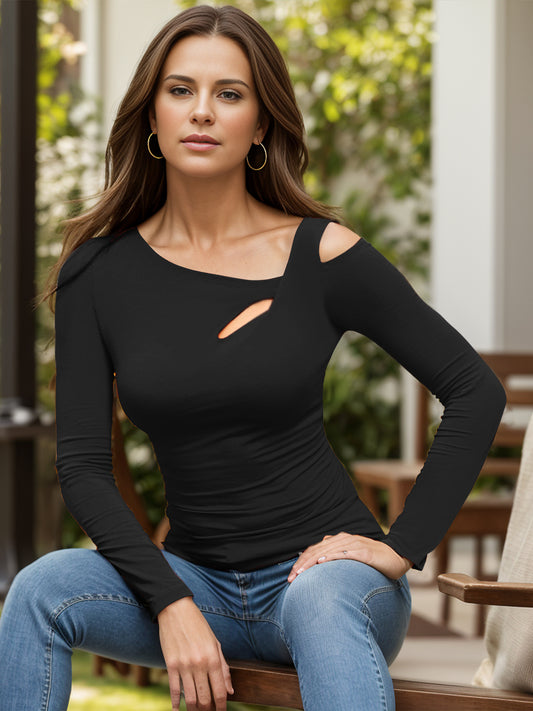 Cutout Asymmetrical Neck Long Sleeve T-Shirt-TOPS / DRESSES-[Adult]-[Female]-Black-S-2022 Online Blue Zone Planet