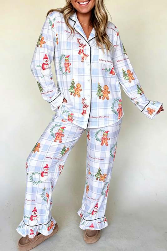 Sky Blue Plaid Cartoon Christmas Pattern Shirt Top 2pcs Pajama Set-Loungewear & Sleepwear/Loungewear-[Adult]-[Female]-Sky Blue-S-2022 Online Blue Zone Planet