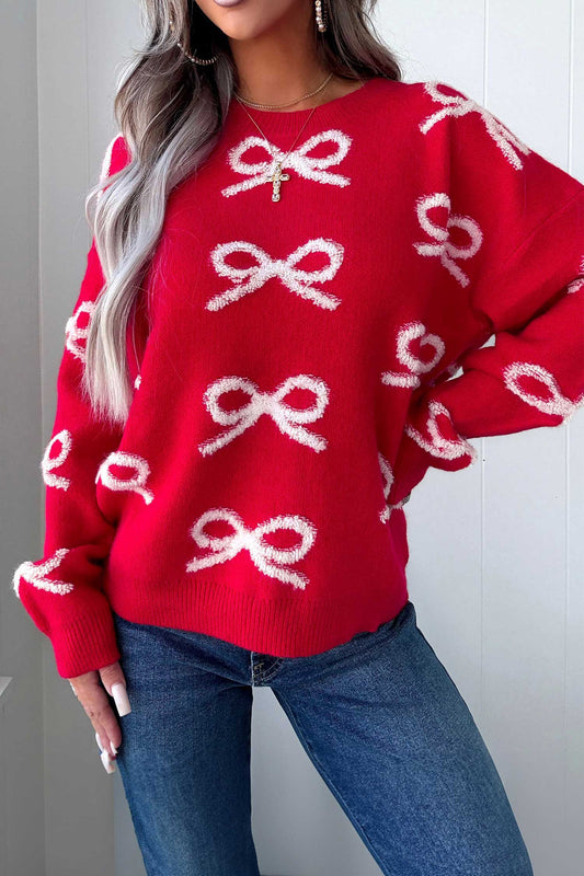 Fiery Red All Over Bow Dropped Shoulder Round Neck Shift Sweater-Sweaters & Cardigans/Sweaters-[Adult]-[Female]-Fiery Red-S-2022 Online Blue Zone Planet