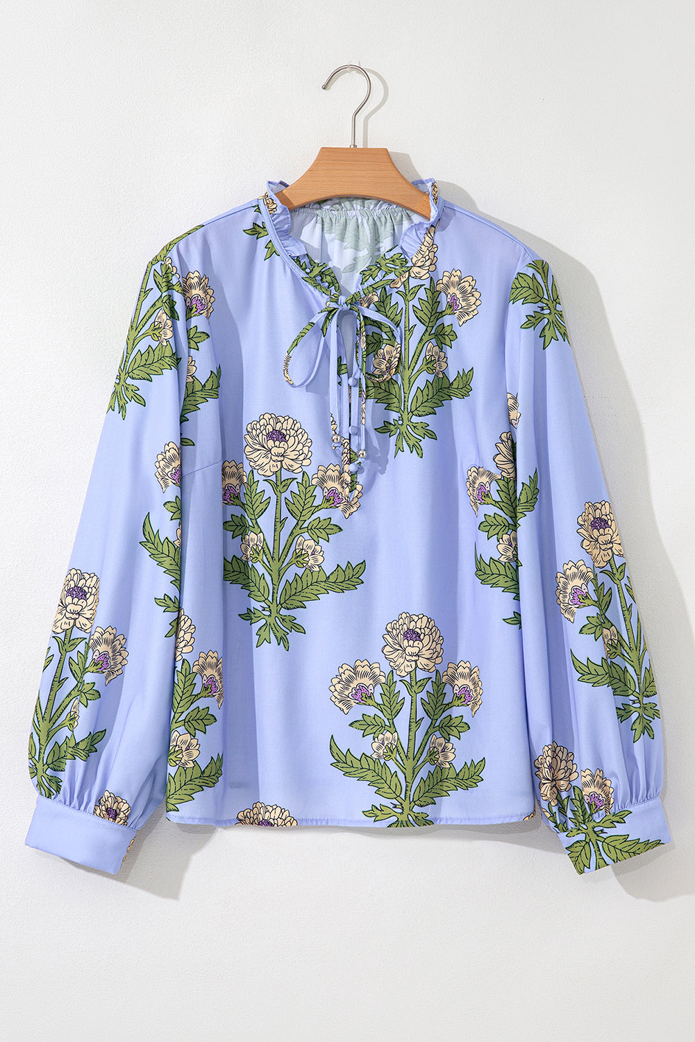 Sky Blue Floral Print Button Tie Neck Long Puff Sleeve Blouse-Tops/Blouses & Shirts-[Adult]-[Female]-2022 Online Blue Zone Planet