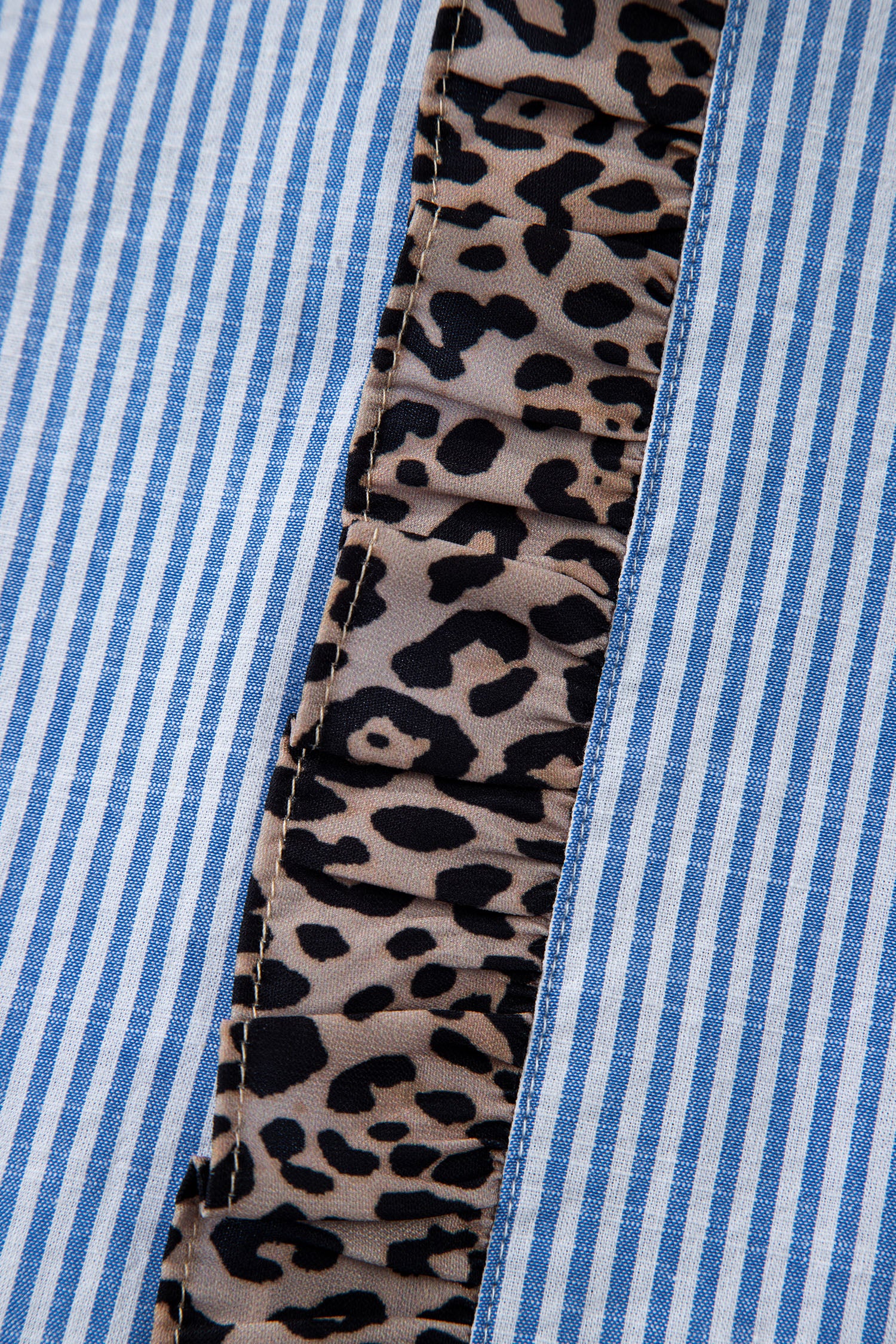 Sky Blue Stripe Contrast Frilled Leopard Trim Casual Long Sleeve Shirt-Tops/Blouses & Shirts-[Adult]-[Female]-2022 Online Blue Zone Planet