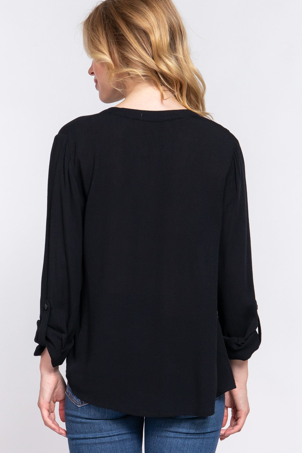 ACTIVE BASIC Full Size Notched Long Sleeve Woven Top-TOPS / DRESSES-[Adult]-[Female]-2022 Online Blue Zone Planet