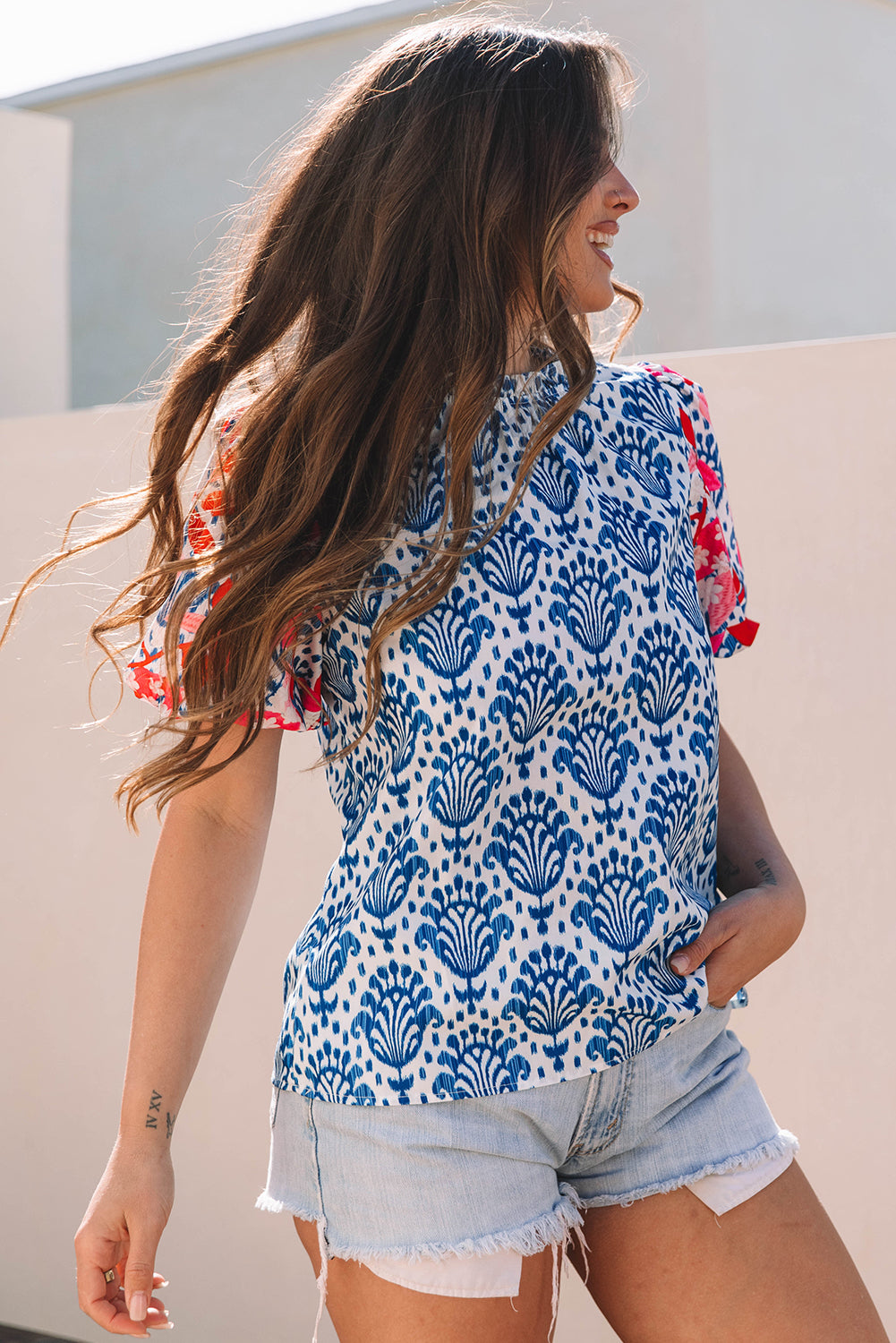 Blue Western Fashion Print Floral Puff Sleeve Frilled Neck Blouse-Tops/Blouses & Shirts-[Adult]-[Female]-2022 Online Blue Zone Planet